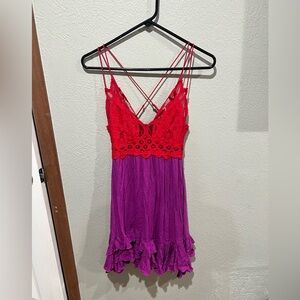 FP One Red and Purple Lace Dress Size Small EUC Free People Sexy Girly Boho